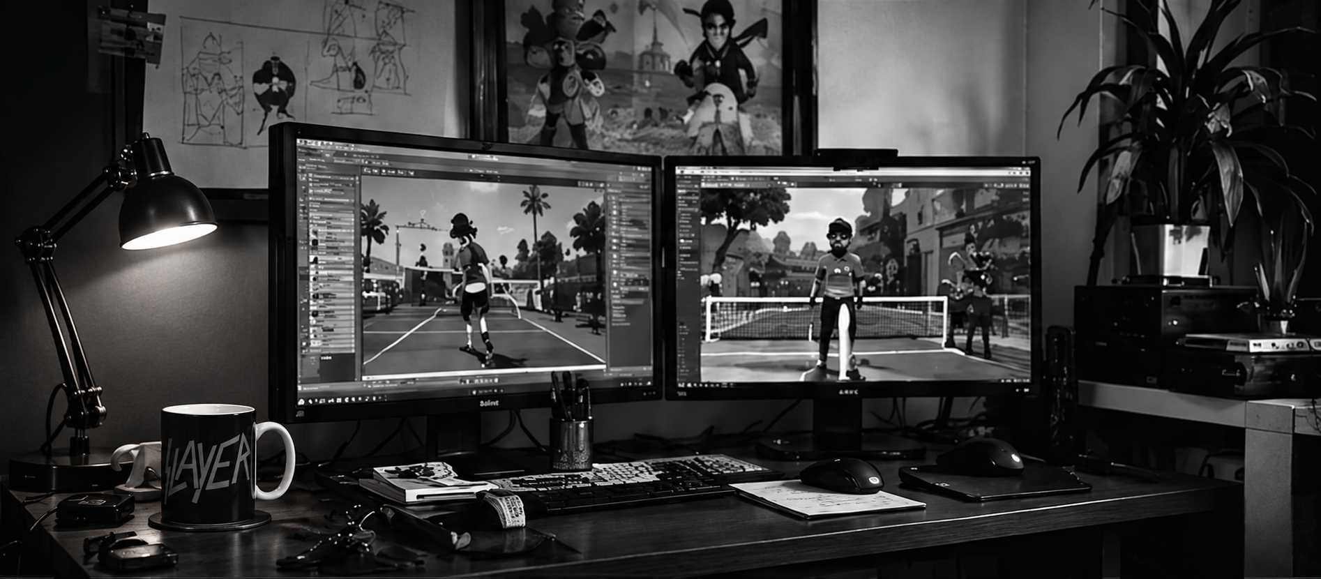 Studio concept: a creative developer’s desk with monitors, sketches and notebooks